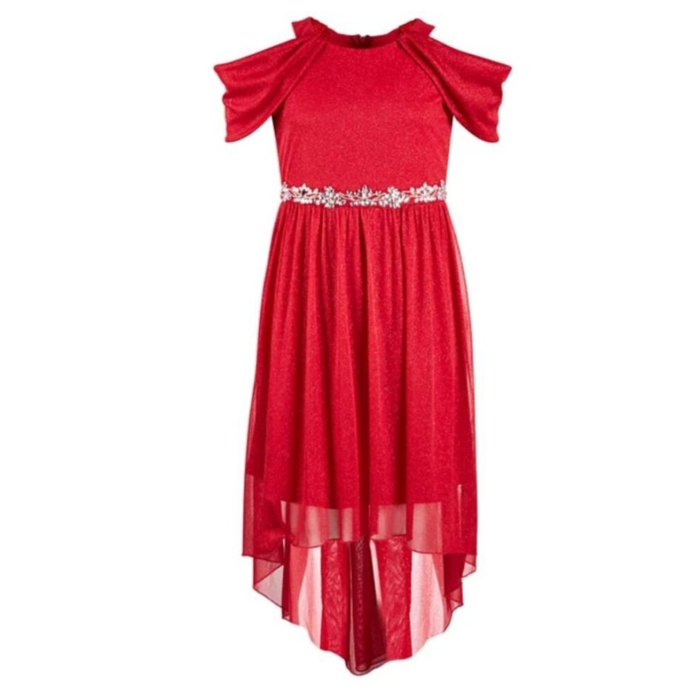 My Michelle Girls Red Holiday Hi Low Embellished Sparkle Dress 12